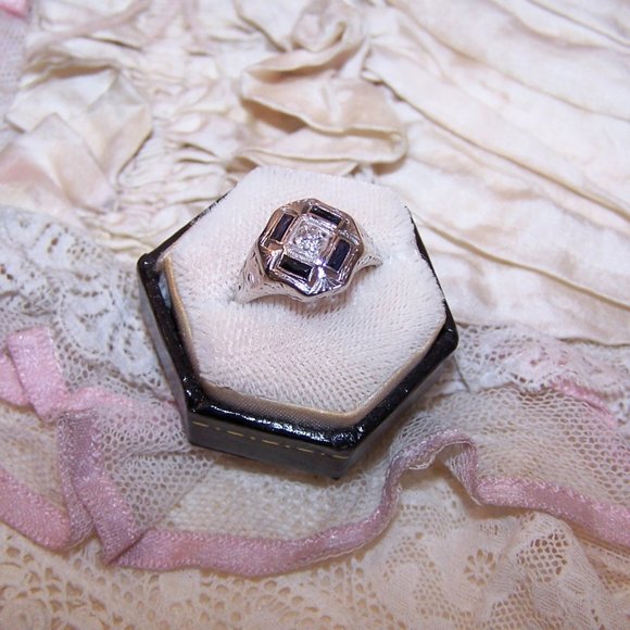 Art Deco 14K Gold Diamond Blue Sapphire Cocktail Ring - Size 4.25 - Picture 6 of 10